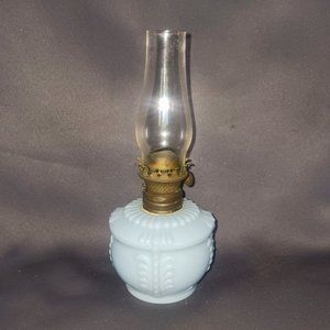 Antique Blue Milk Glass Oil Lamp 7" Tall with Hurricane